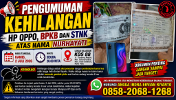 Pengumuman Kehilangan HP Oppo, BPKB dan STNK atas Nama Nurhayati
