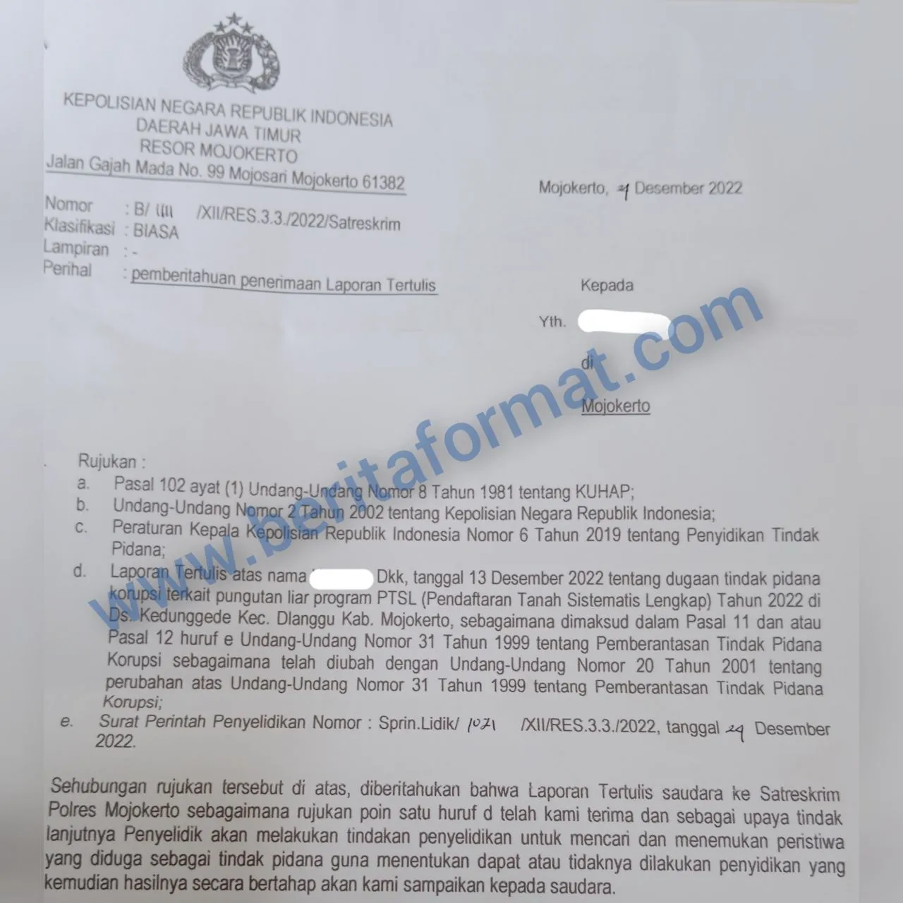 Penyidik Ajukan 30 Pertanyaan, Terkait Dugaan Pungli PTSL Desa Kedunggede