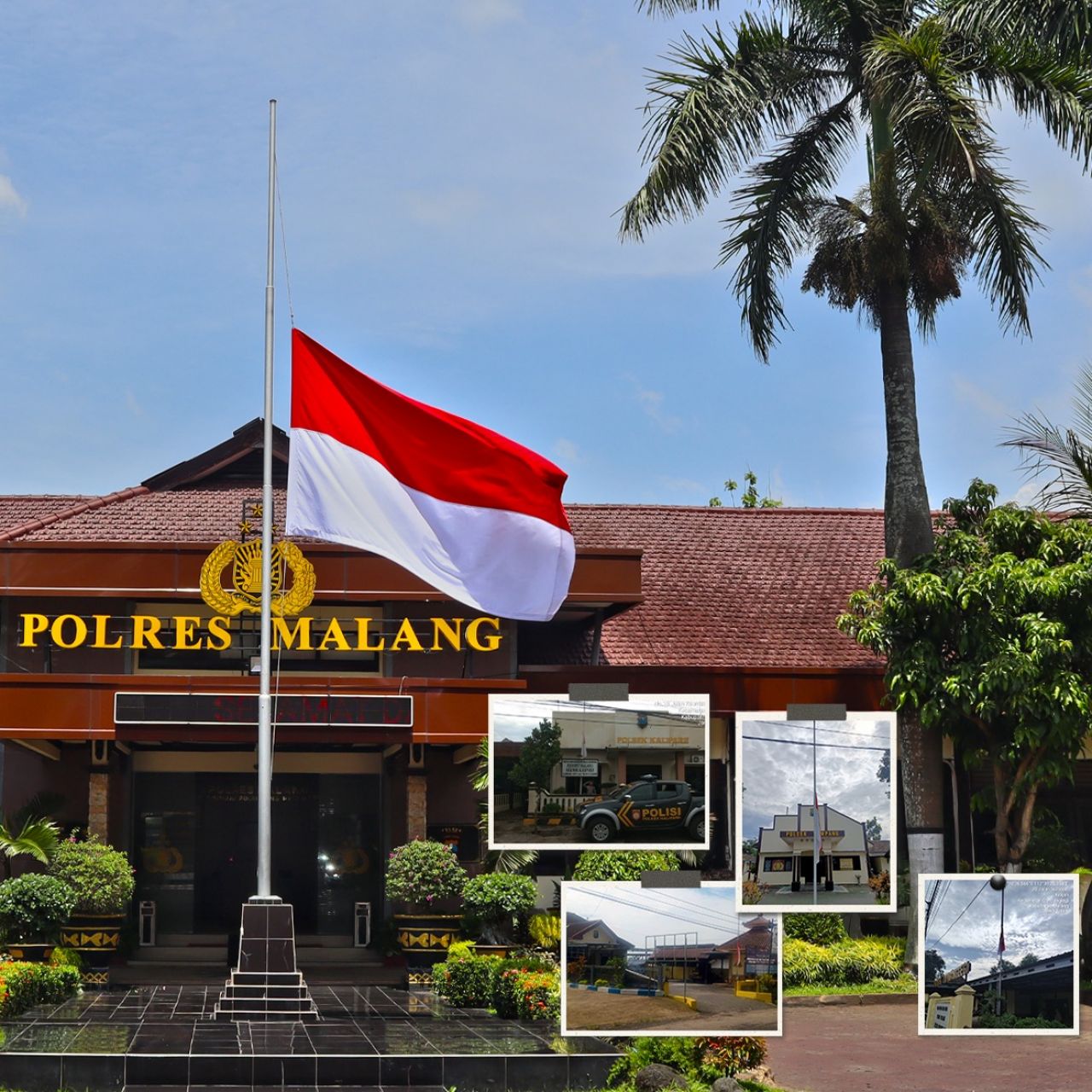 Pengibaran bendera merah putih setengah tiang, di jajaran polres Kabupaten Malang