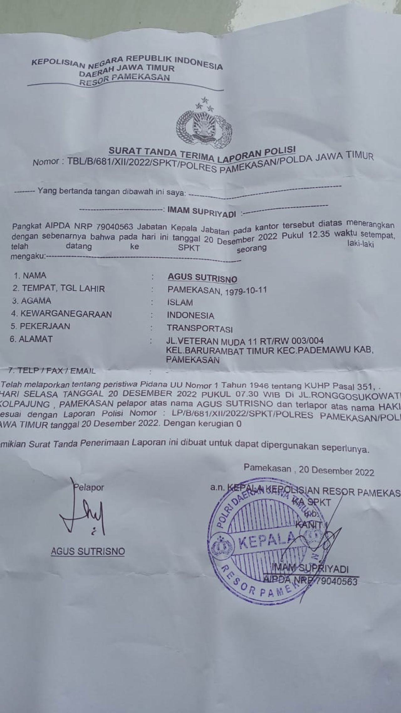 Bukti Laporan Penganiayaan