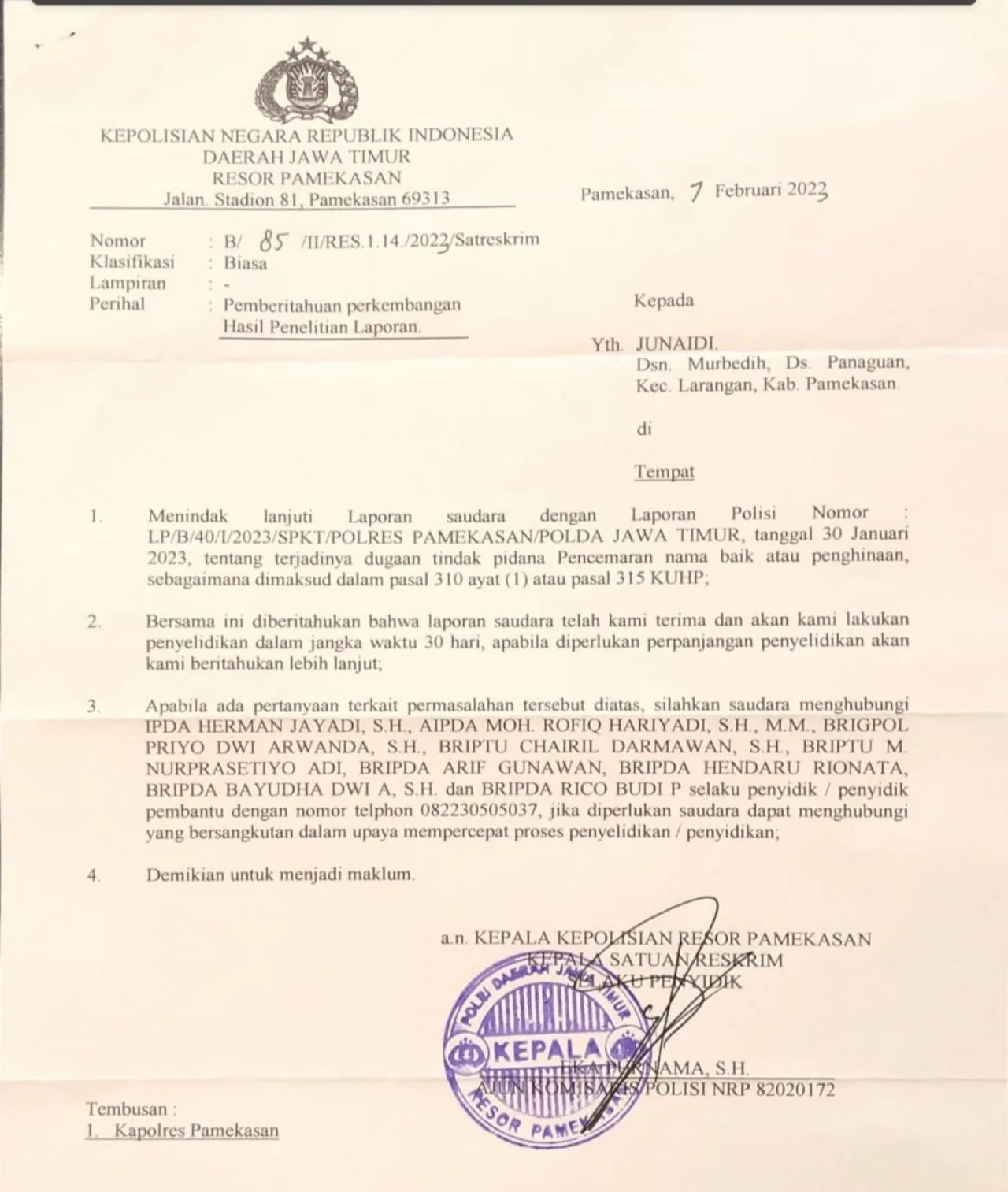 H.Junaidi Laporkan K Ke Polres Pamekasan, Atas Dugaan Pencemaran Nama Baik