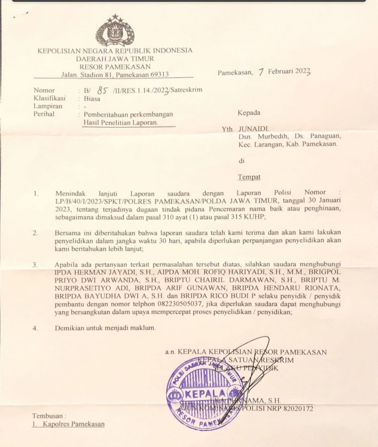 Tanda Bukti Pelaporan H.Junaidi Atas Dugaan Pencemaran Nama Baik Yang Dilakukan Oleh K