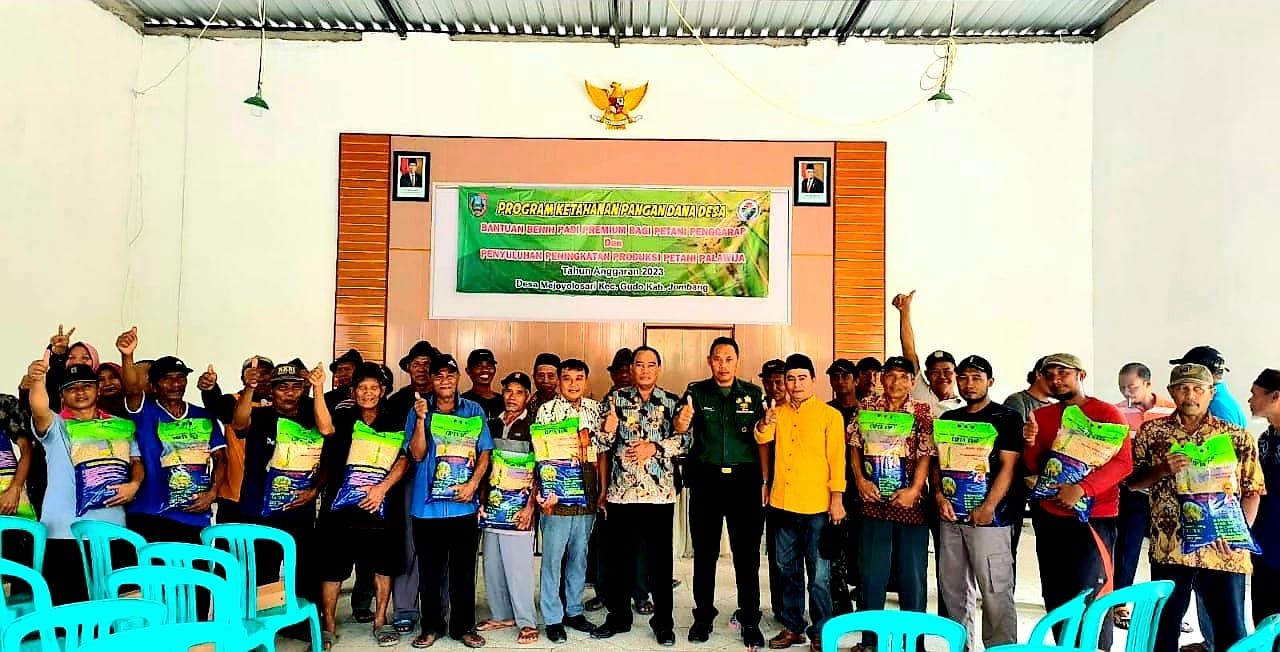 Salurkan : Kades Mejoyolosari Supaat (baju batik tengah) menyalurkan Alokasi Dana Desa Program Ketahanan Pangan T.A 2023 berupa bibit padi premium untuk 540 petani penggarap sawah