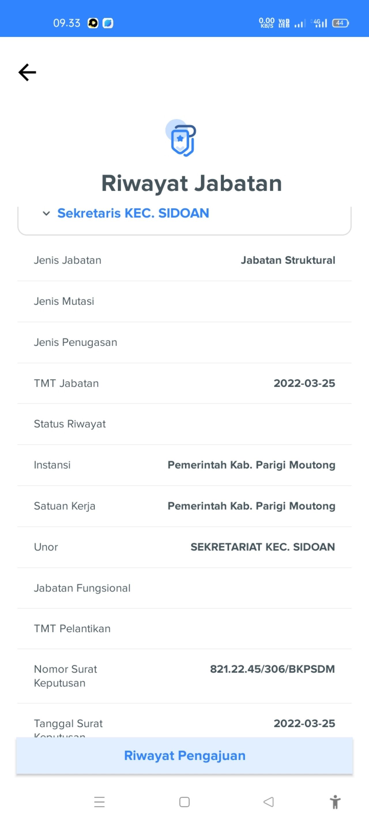 Penetapan : Data pengangkatan M sebagai Sekcam Sidoan sesuai dengan aplikasi MYASN (doc.Asri_beritaformat.com)