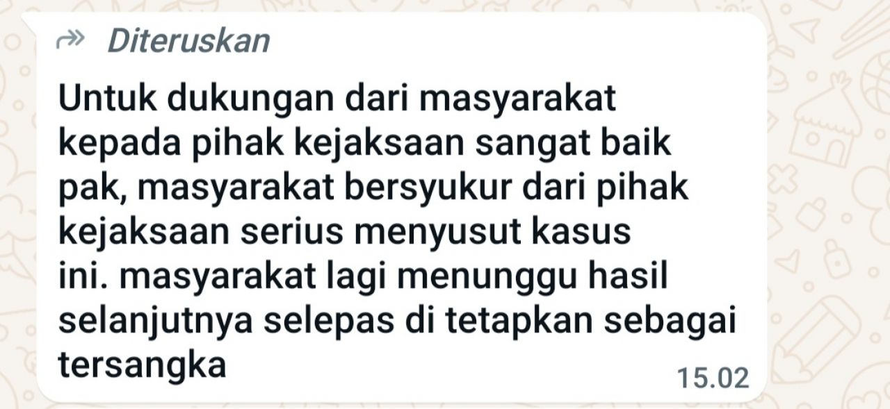 Screenshot chat Whatsapp dukungan dari salah satu masyarakat Desa Dusunan Barat kepada Cabang Kejaksaan Negeri Parigi Moutong untuk mengusut tuntas dugaan korupsi DD dan ADD Desa Dusunan Barat (foto : asri_beritaformat.com)