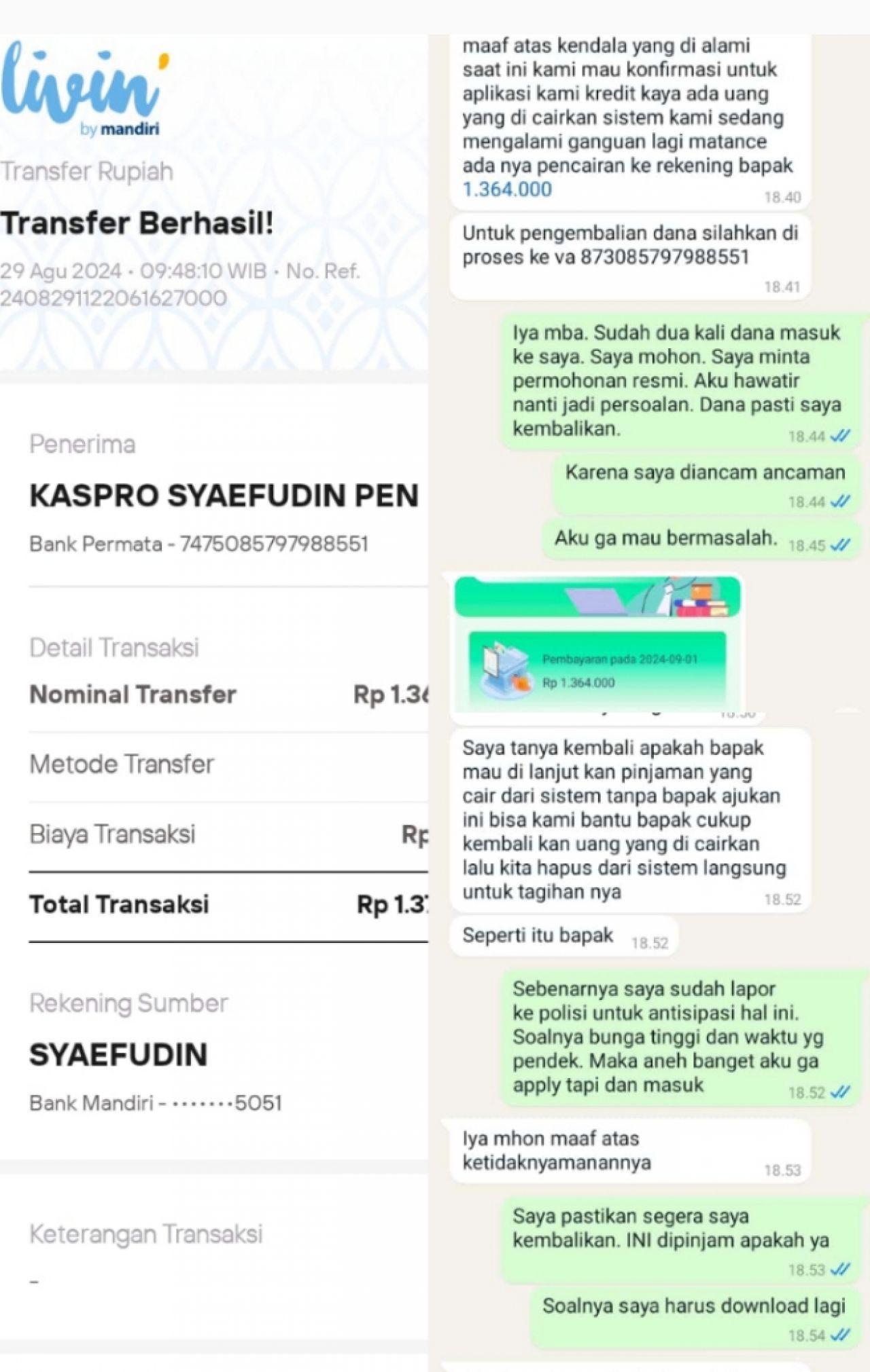 Bukti salah transfer dana dan chat percakapan Syaefudin dan oknum yang mengaku dari pihak pinjol (foto : daniel/asri_beritaformat.com)