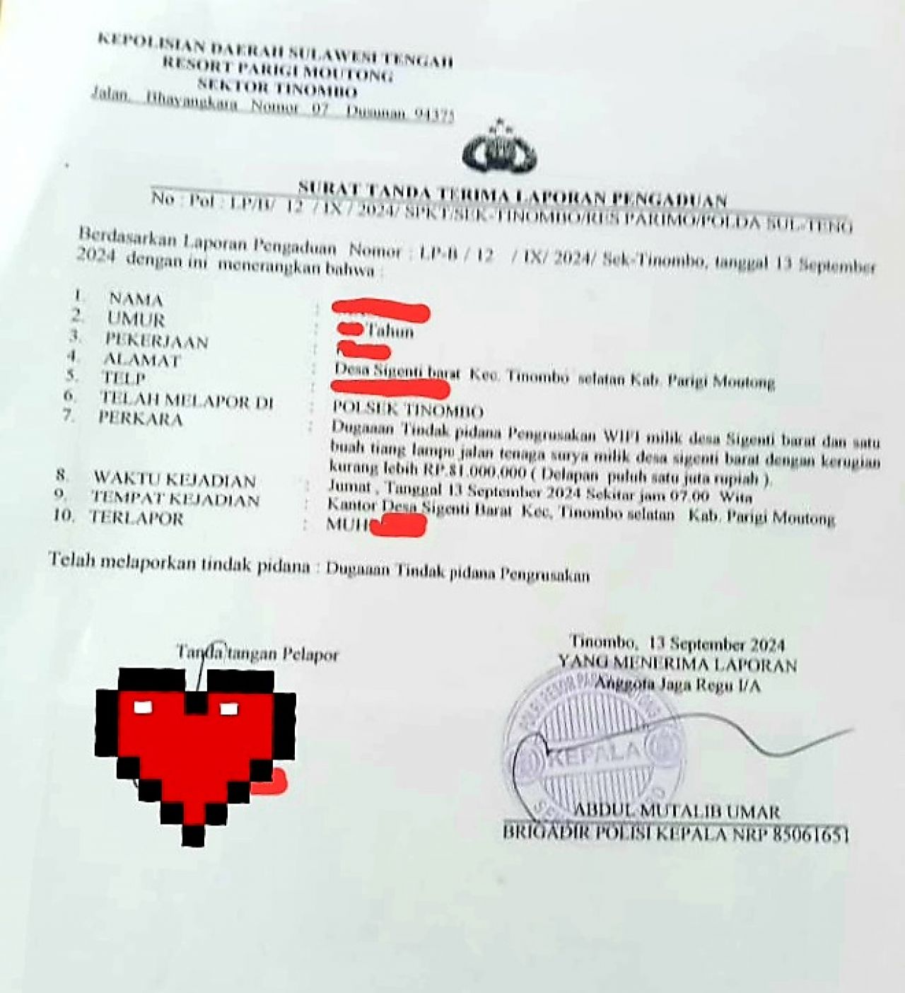 Tanda terima bukti pelaporan pengaduan warga yang melaporkan oknum kades atas dugaan pengrusakan fasilitas umum (foto : asri_beritaformat.com)