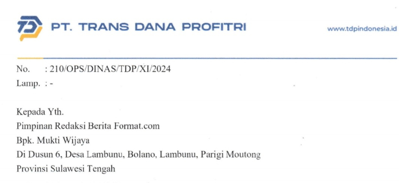 Surat permohonan Hak Jawab dan Hak Koreksi yang disampaikan PT. Trans Dana Profitri (foto : screenshot/redaksi_beritaformat.com)