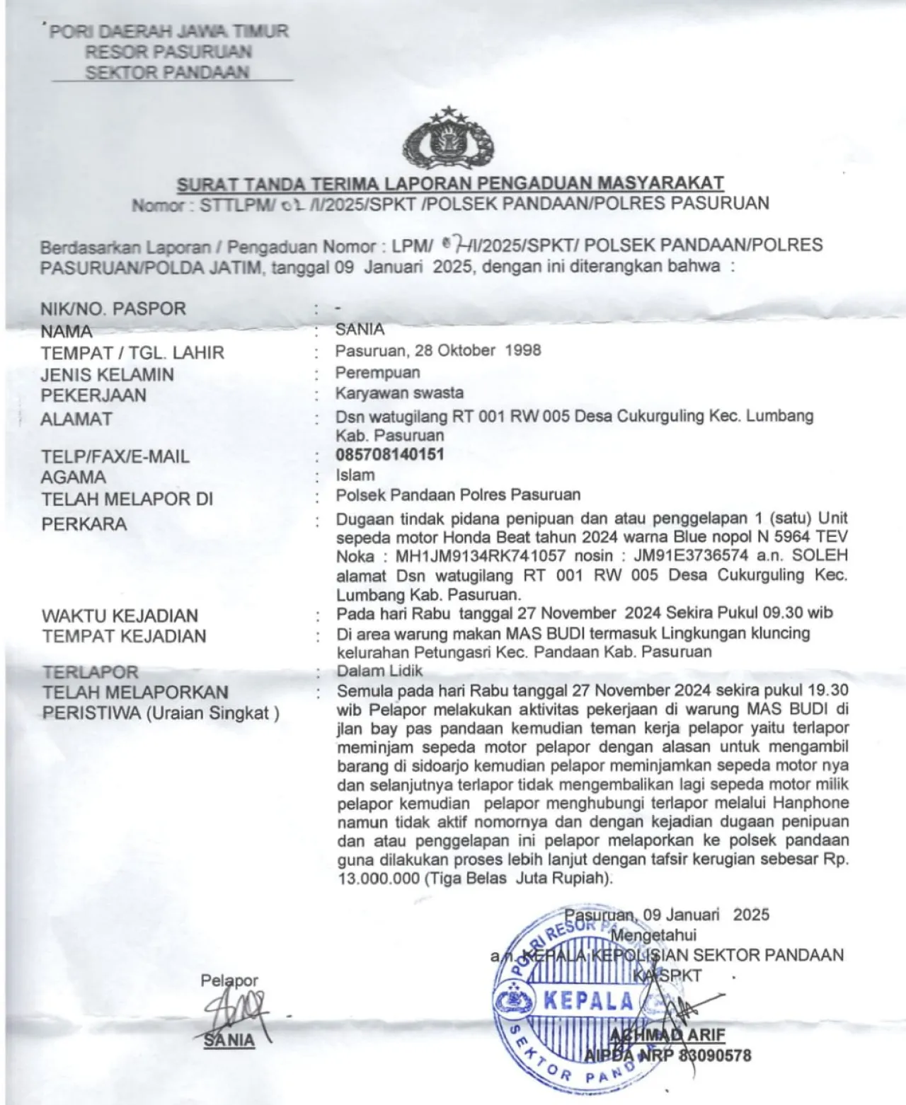 TANGKAP PENIPU! Sania Laporkan Rekan Kerja Yang Mencuri Motor Maticnya, Polisi Diminta Bertindak Cepat!