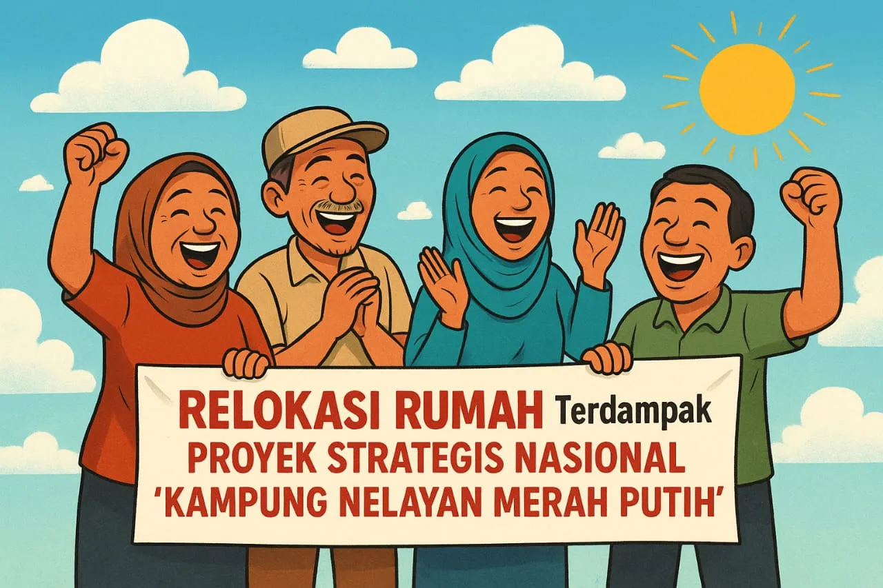 Gambar ilustrasi kebahagiaan warga ketika mendapatkan respon dari pemerintah daerah atas tuntutan ganti rugi/relokasi rumah bagi korban terdampak proyek Kampung Nelayan Merah Putih (redaksi beritaformat)