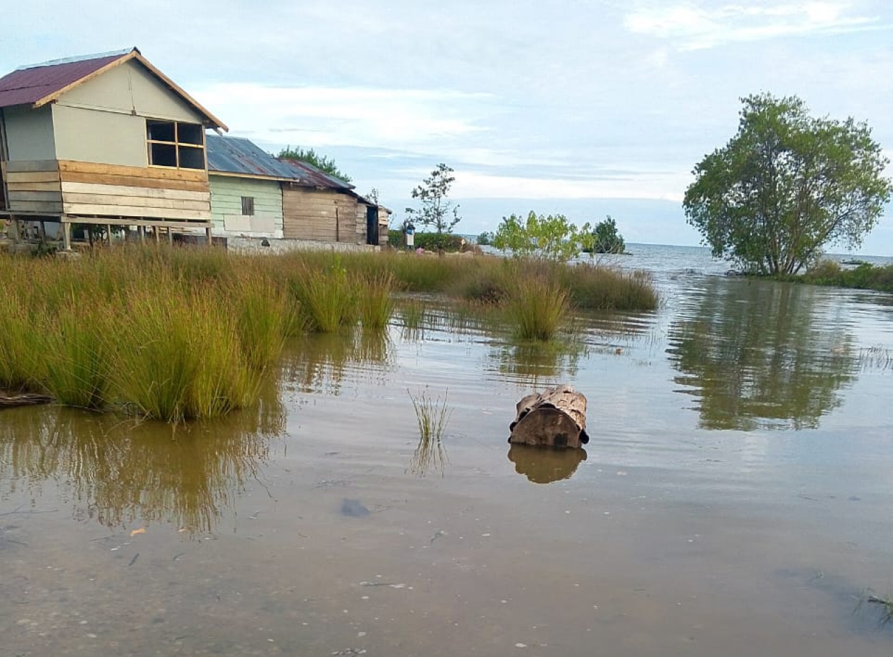 Rumah milik warga yang terisolir akibat terendam air luapan laut (foto : asri_beritaformat.com)