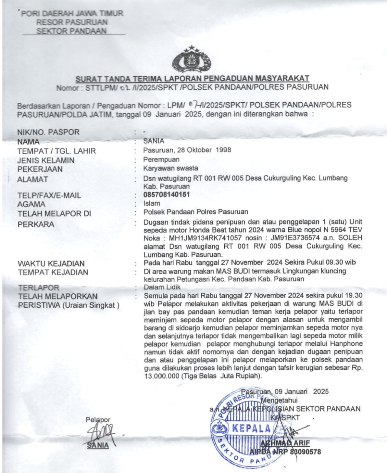 Bukti laporan korban ke Polsek Pandaan pada Januari 2025 lalu (foto : wiro_beritaformat.com)