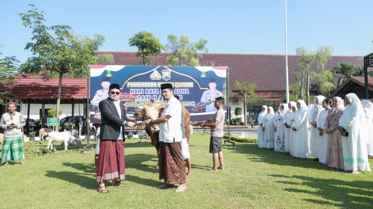Kapolres Jombang AKBP Ardi Kurniawan secara simbolis menyerahkan sapi qurban kepada salah satu pengurus Pondok Pesantren di halaman Mapolres Jombang (foto : humasresjombang/sulistyowati_beritaformat.com)