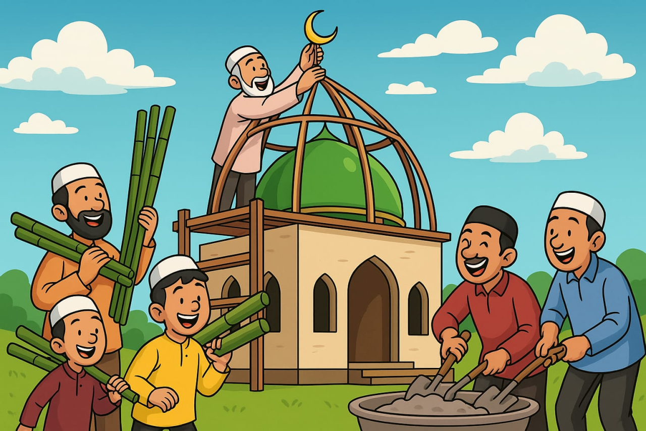 Gambar ilustrasi gotong royong pembangunan kubah masjid (redaksi_beritaformat)