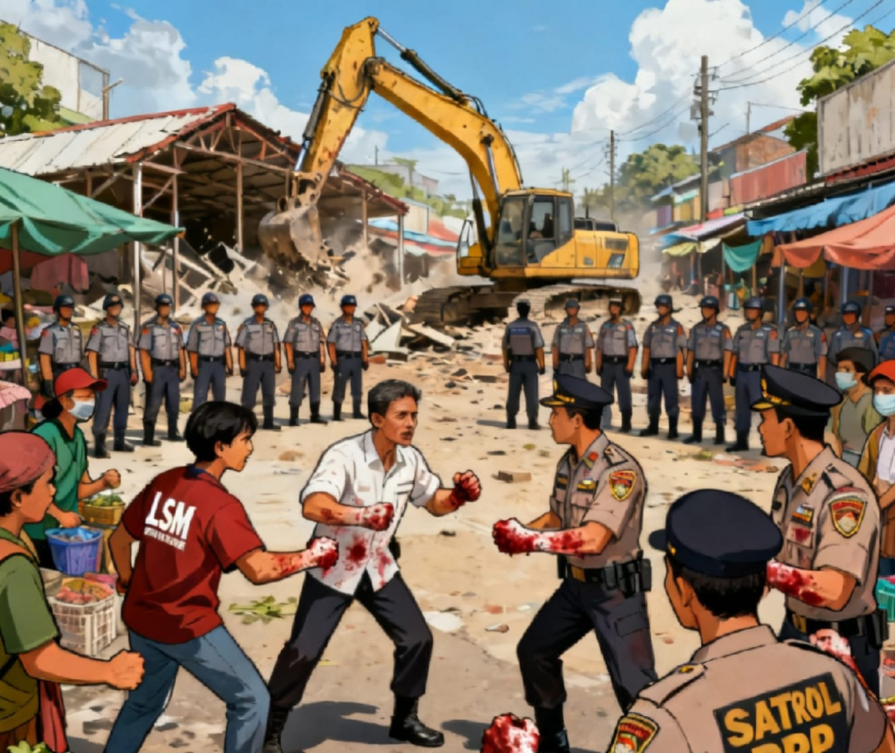 Gambar ilustrasi pembongkaran ruko dan konflik antara LSM dan Oknum Satpol PP Poso (redaksi beritaformat)