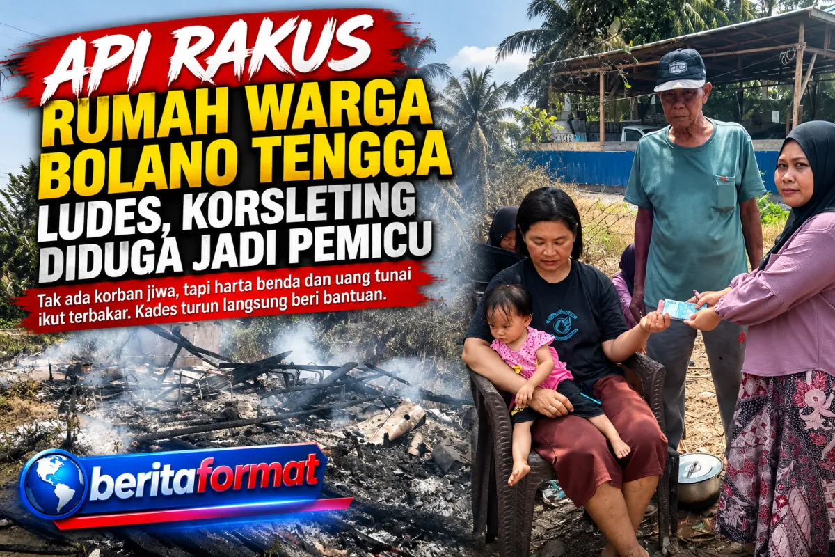 Staf Desa Bolano Tengah memberikan santunan ditengah duka keluarga korban kebakaran rumah (foto : asri_beritaformat)