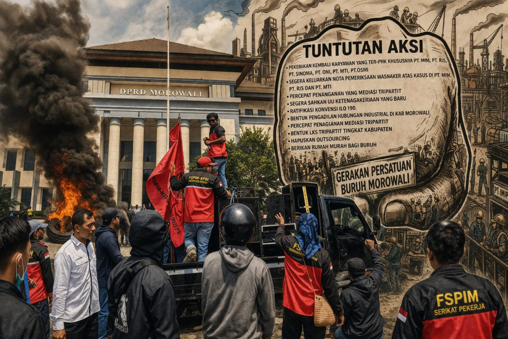 Aksi unjuk rasa Buruh didepan gedung DPRD Morowali yang sempat memanas (foto : teres_beritaformat)