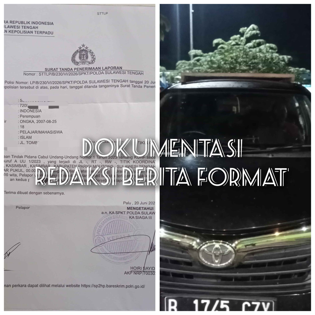 Surat laporan korban ke Polda Sulteng dan foto diduga kendaraan terlapor (foto : Asri_beritaformat)