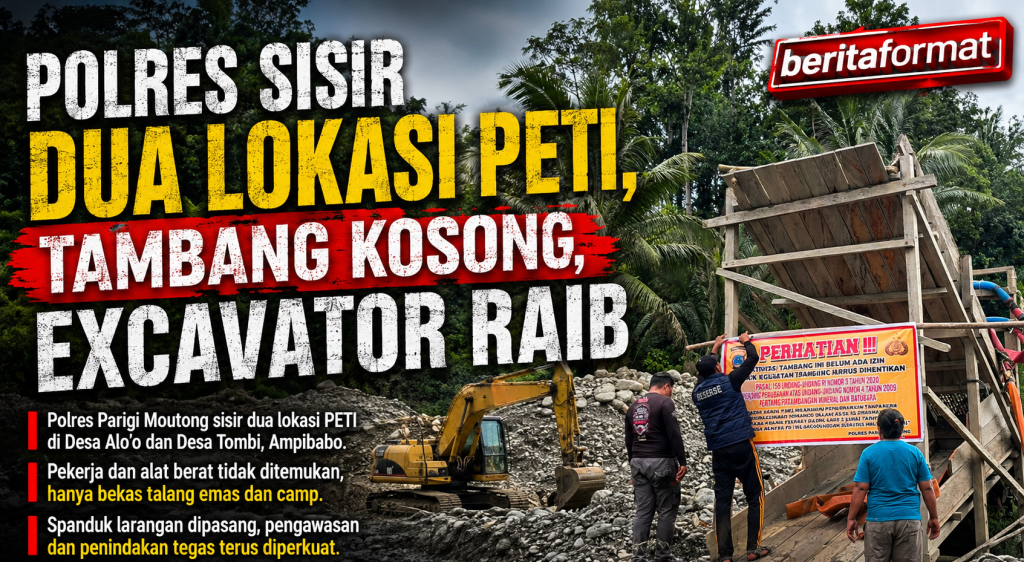 Unit II Tipidter Satreskrim Polres Parigimoutong saat memasang banner imbauan pelarangan aktivitas PETI dilokasi (foto : tim_beritaformat )