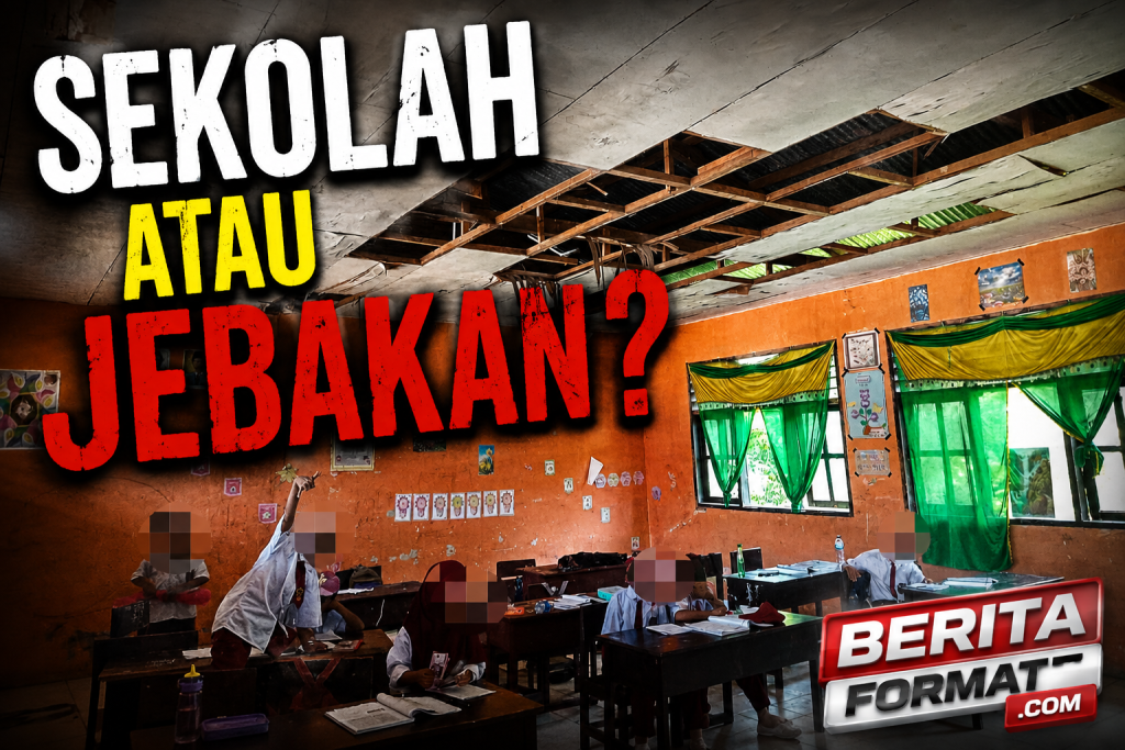 Kondisi ruang belajar siswa SDN Lanang yang plafonnya mengalami kerusakan (foto : agus_beritaformat)