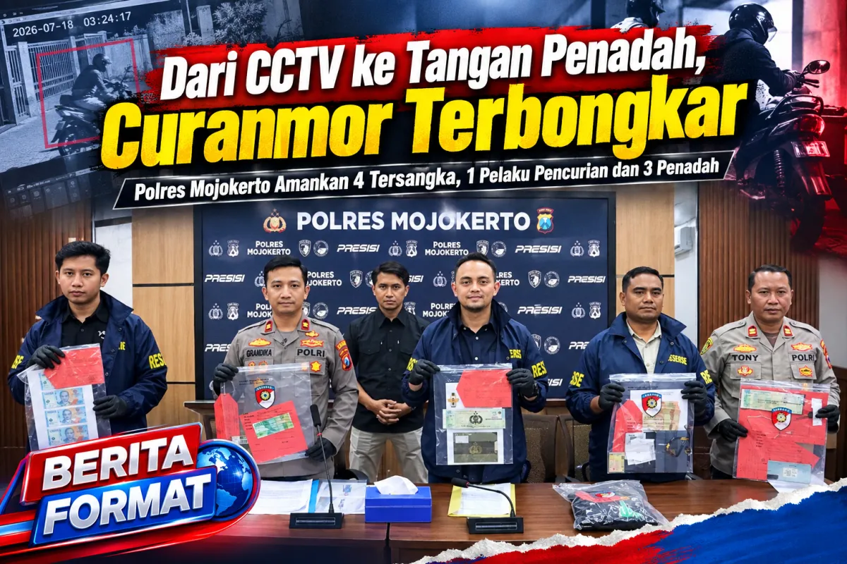 Wakapolres Mojokerto, Kompol Grandika Indra Waspada didampingi Kasat reskrim Polres Mojokerto saat merilis barang bukti curanmor (foto : clara_beritaformat)