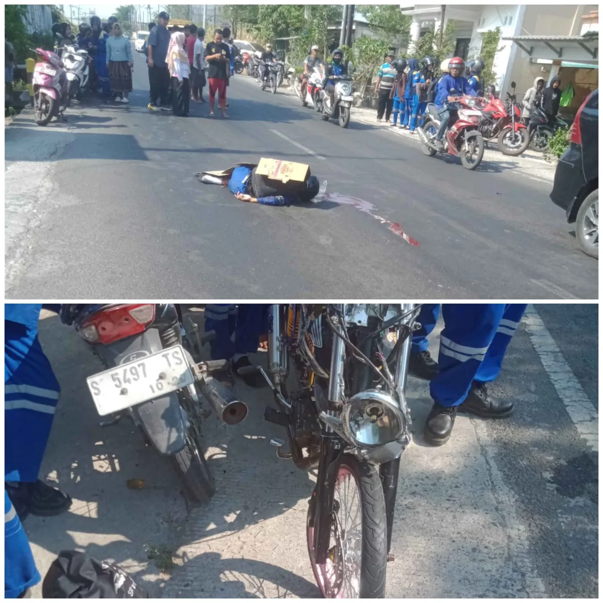 Kondisi korban dan sepeda motor yang dikendarai usai mengalami kecelakaan dengan mobil pickup L300 (foto : clara_beritaformat)