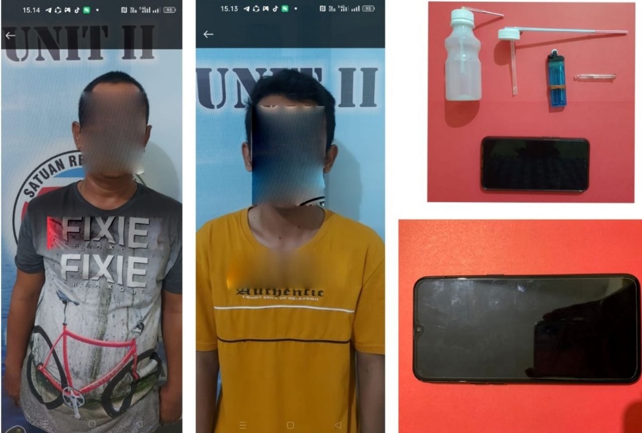 IZ Dan SYG, Beserta BB Sabu, Alat Hisap Dan Ponsel Saat Di Amankan Petugas Satresnarkoba Polres Jonbang